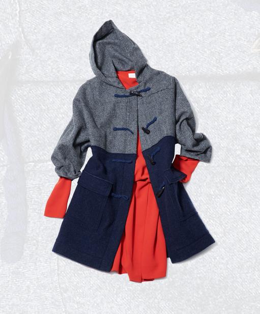 Cacharel color block toggle coat, $1495. Cacharel long sleeved drop waist dress, $525.